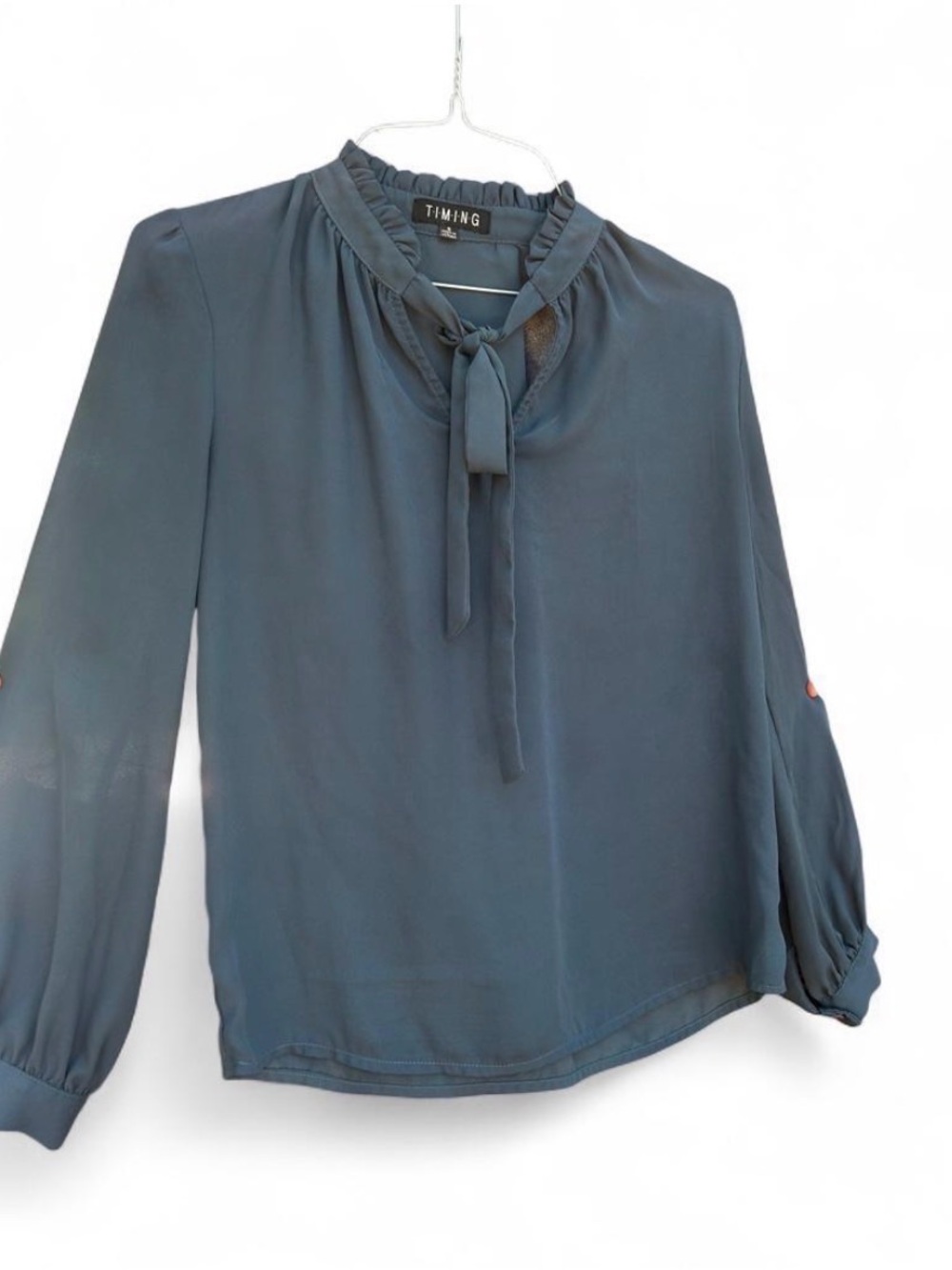 TIMING Teal Tie-Neck Long Sleeve Sheer Blouse with button cuffed sleeves - Small